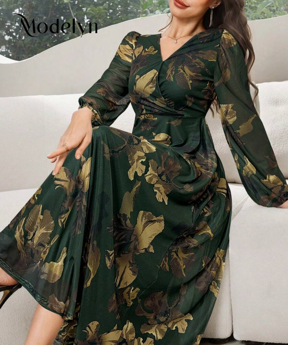 Modelyn Women's Colorblock Printed Elegant V-Neck Long Sleeve Dress