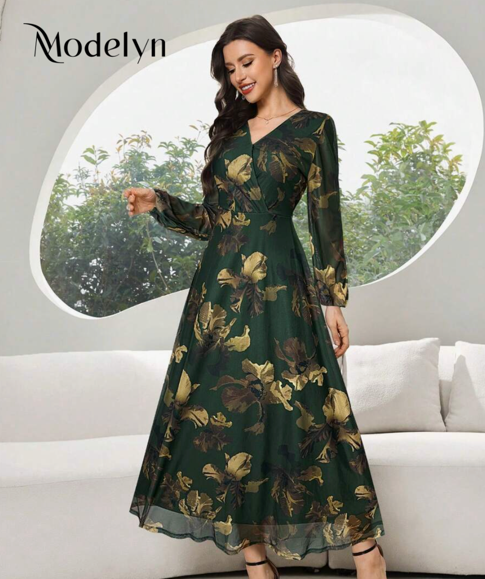 Modelyn Women's Colorblock Printed Elegant V-Neck Long Sleeve Dress