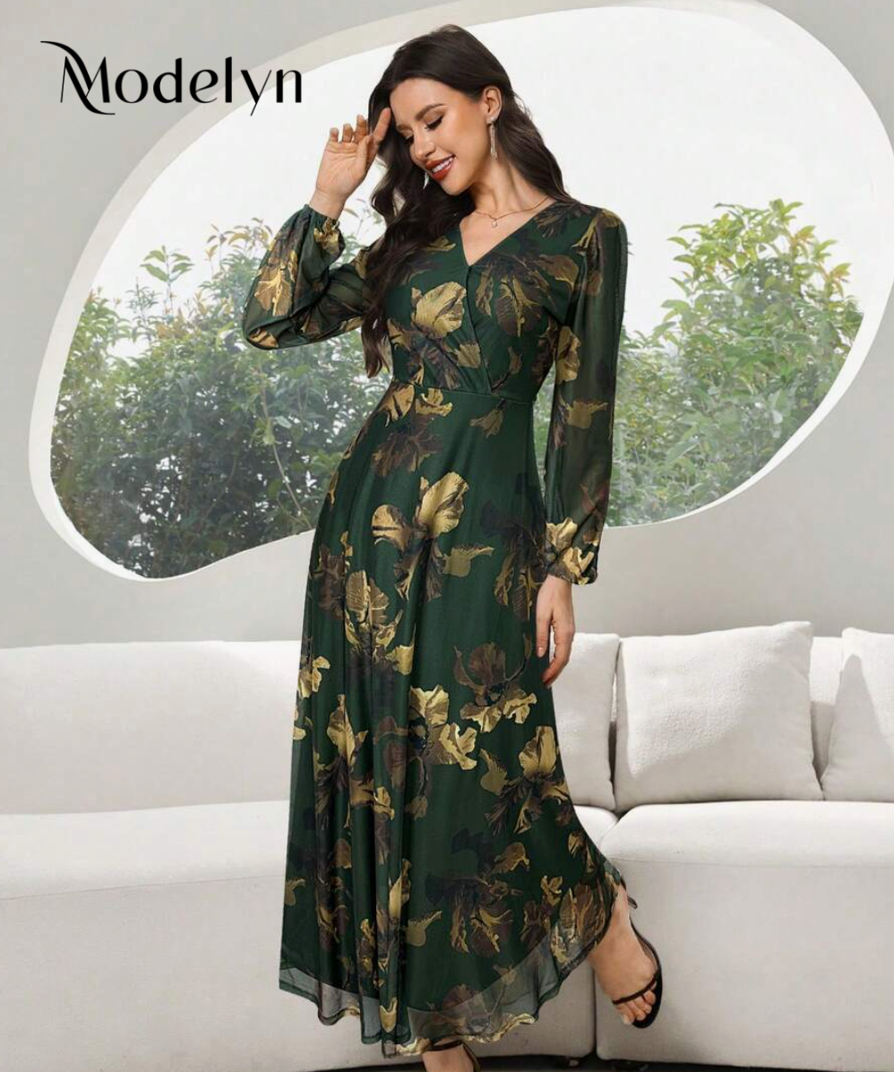 Modelyn Women's Colorblock Printed Elegant V-Neck Long Sleeve Dress