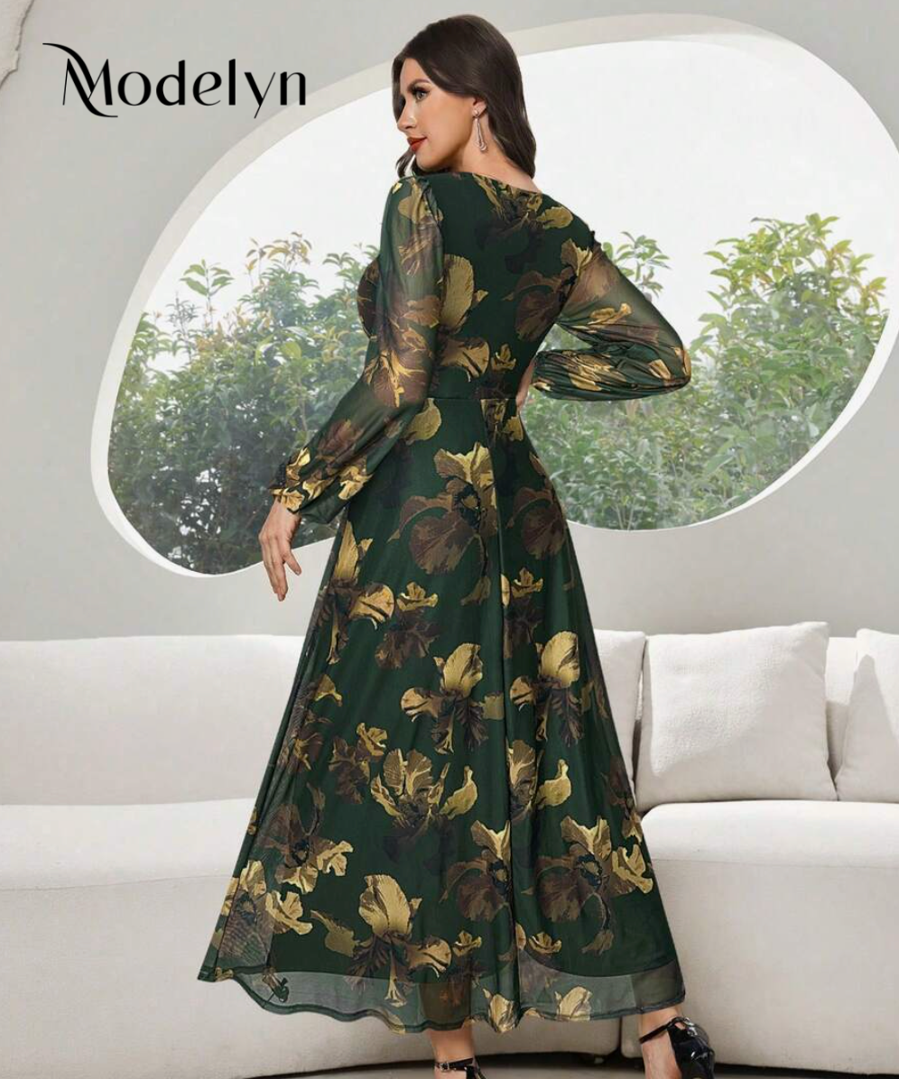 Modelyn Women's Colorblock Printed Elegant V-Neck Long Sleeve Dress