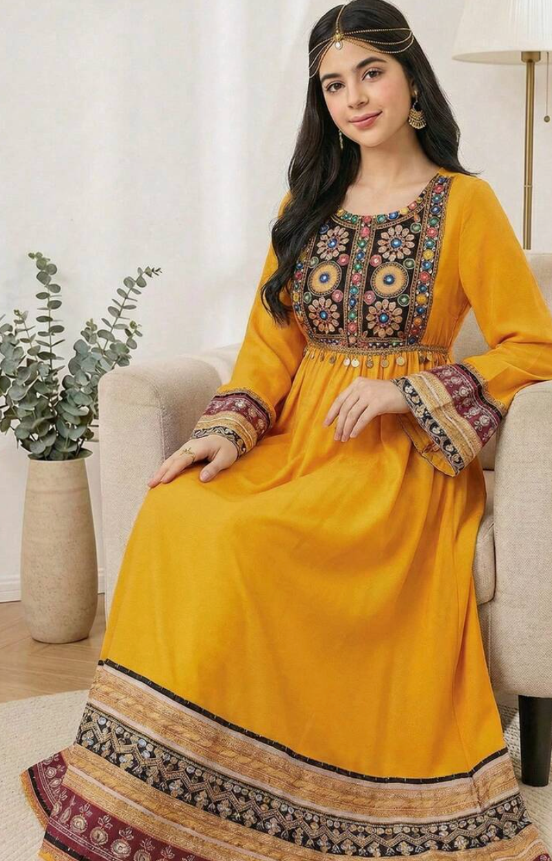 Teen Girl Jalabiya Yellow Vintage Printed Embroidered, Casual Minimalist Traditional Long Sleeve