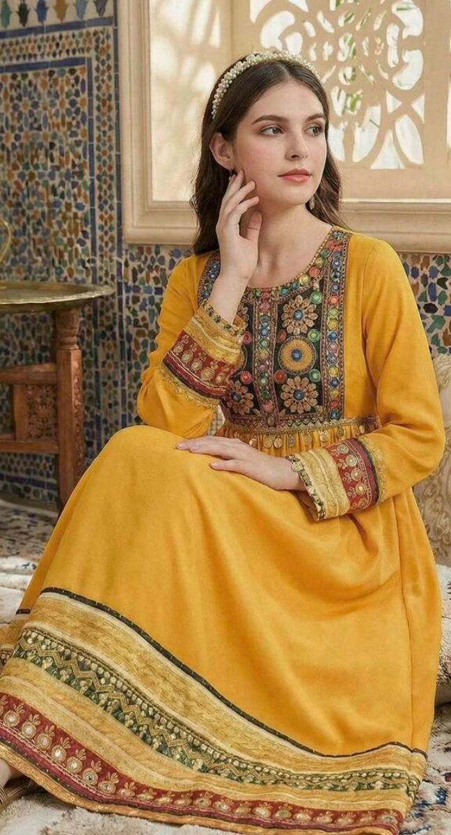 Teen Girl Jalabiya Yellow Vintage Printed Embroidered, Casual Minimalist Traditional Long Sleeve