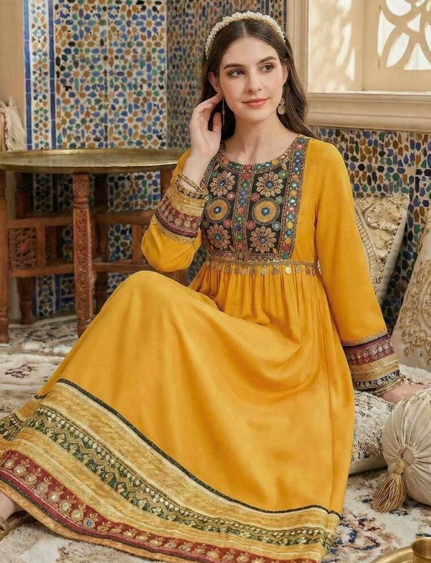 Teen Girl Jalabiya Yellow Vintage Printed Embroidered, Casual Minimalist Traditional Long Sleeve