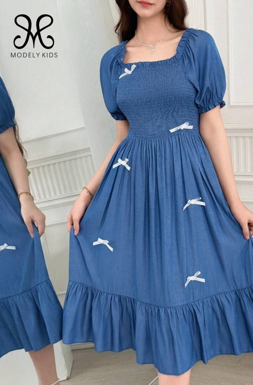 Teen Girl Solid Color Puff Sleeve Bow Decor Casual Summer Dress