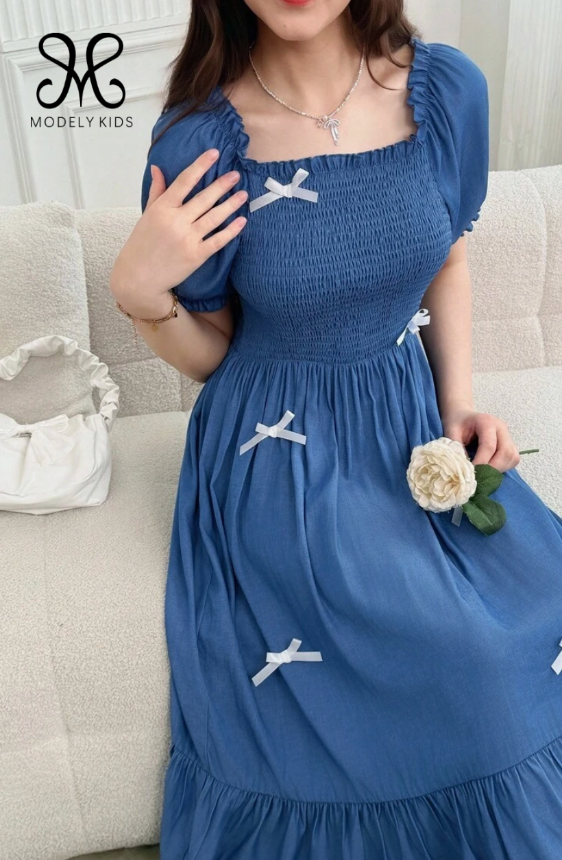 Teen Girl Solid Color Puff Sleeve Bow Decor Casual Summer Dress