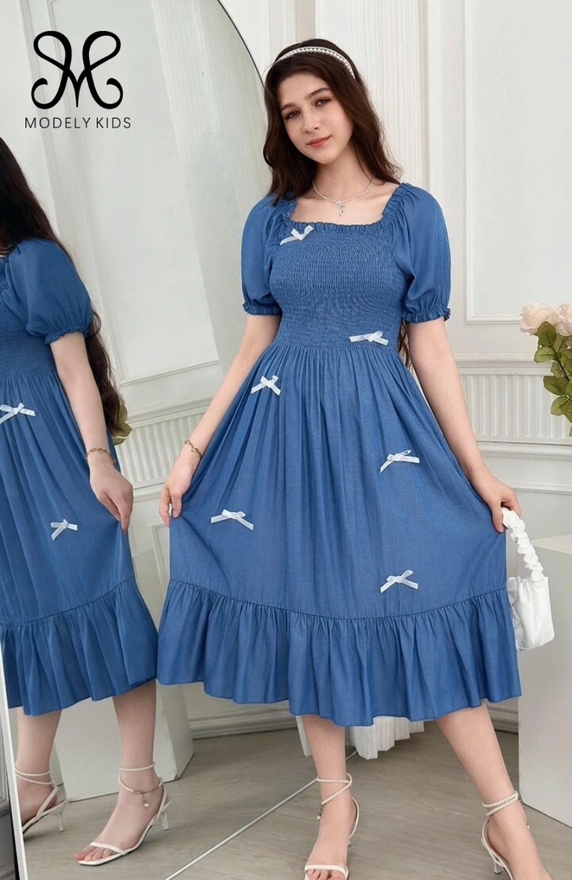 Teen Girl Solid Color Puff Sleeve Bow Decor Casual Summer Dress