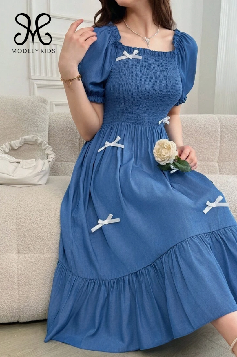 Teen Girl Solid Color Puff Sleeve Bow Decor Casual Summer Dress