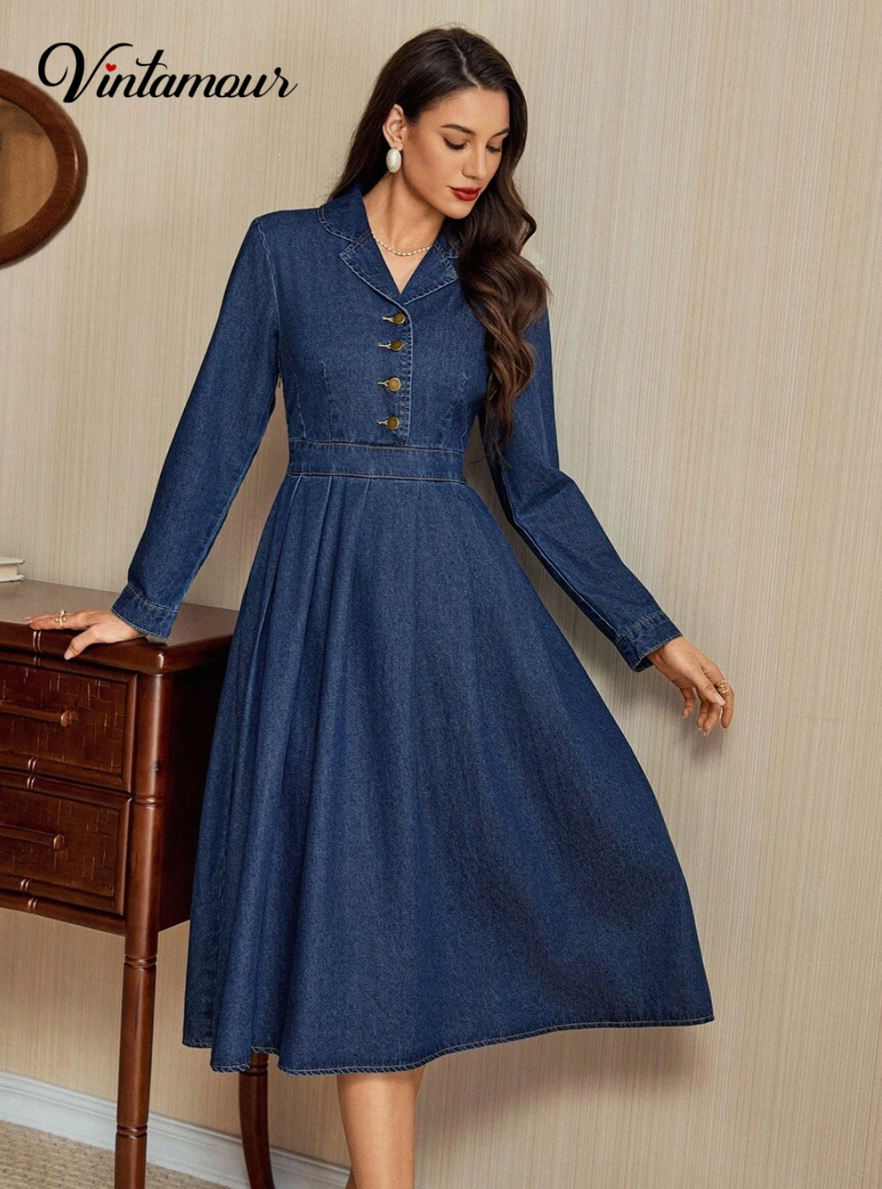 Vintamour Women's Solid Color Casual Long Sleeve Denim Dress Blue Midi Dress Women Denim Dress