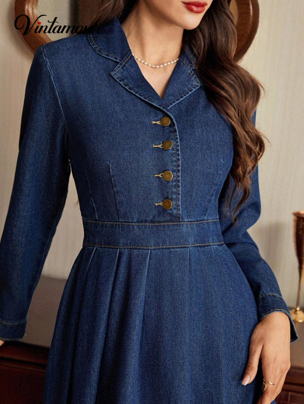 Vintamour Women's Solid Color Casual Long Sleeve Denim Dress Blue Midi Dress Women Denim Dress